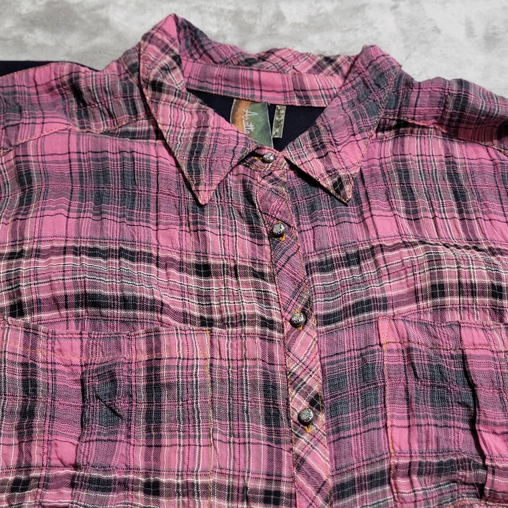 Aratta Shirt Womens Large Pink Plaid Bird Floral Boho Tunic Bell Sleeve Top - Picture 9 of 14